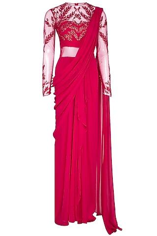 fuschia embroidered saree gown set