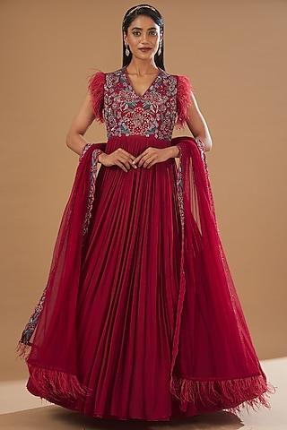 fuschia hand embroidered gown with dupatta