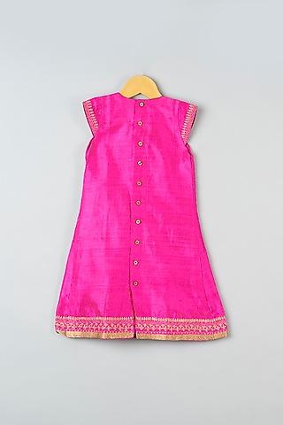fuschia hand embroidered pleated dress for girls