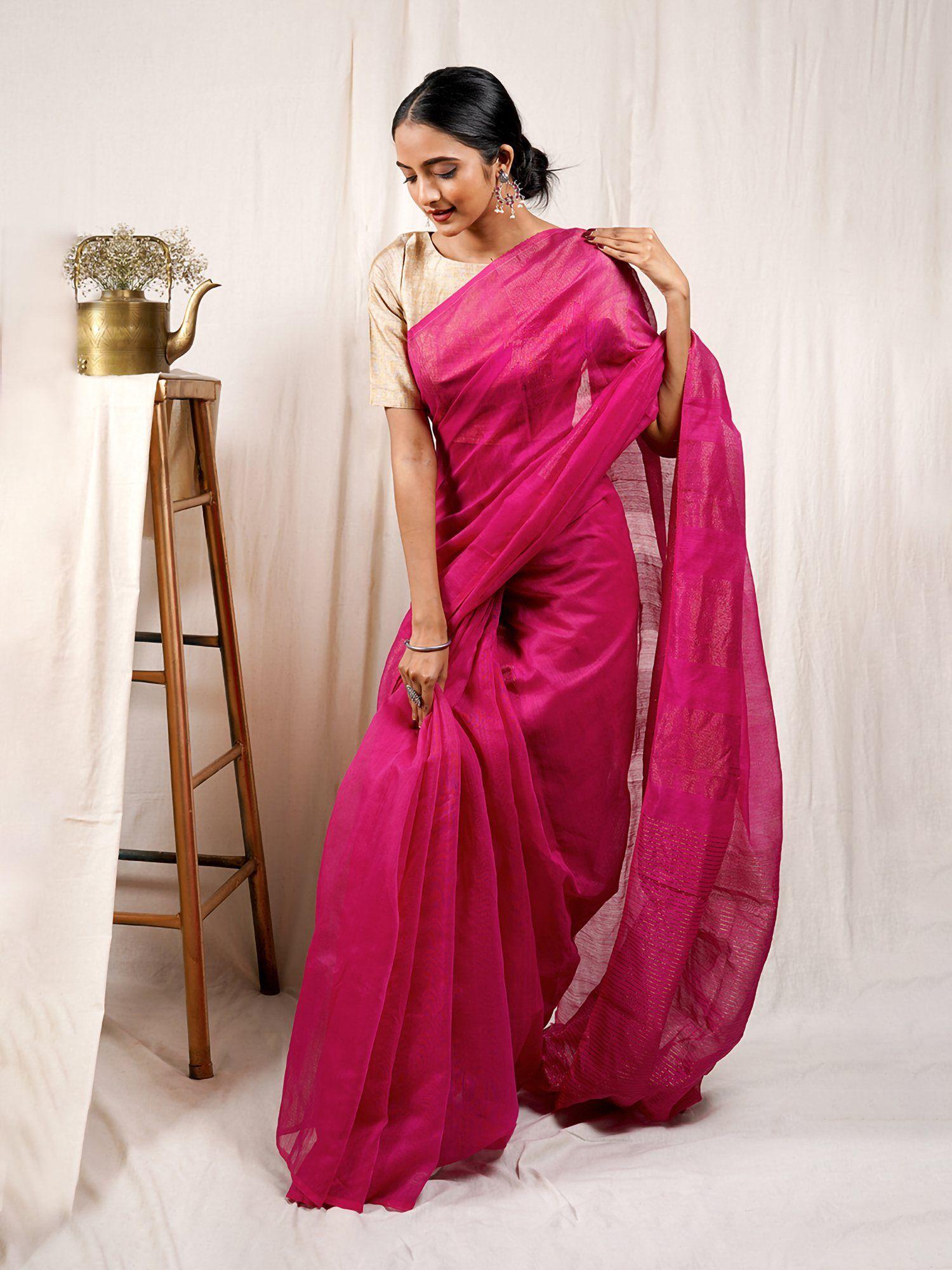 fuschia love handloom cotton silk zari saree with unstitched blouse