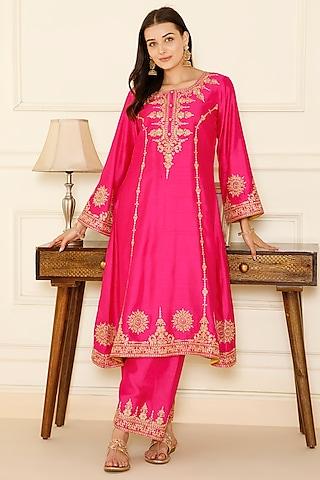 fuschia pink bemberg silk tilla dori embroidered a-line kurta set