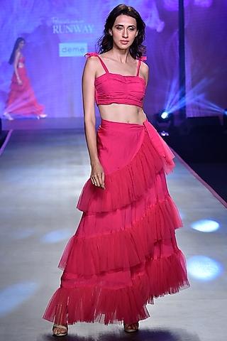 fuschia pink pleated top with wrap skirt