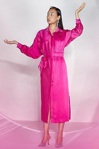 fuschia pink silk satin paneled dress