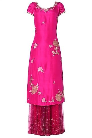 fuschia pink straight kurta with sharara pants set