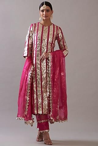 fuschia silk chanderi kurta set