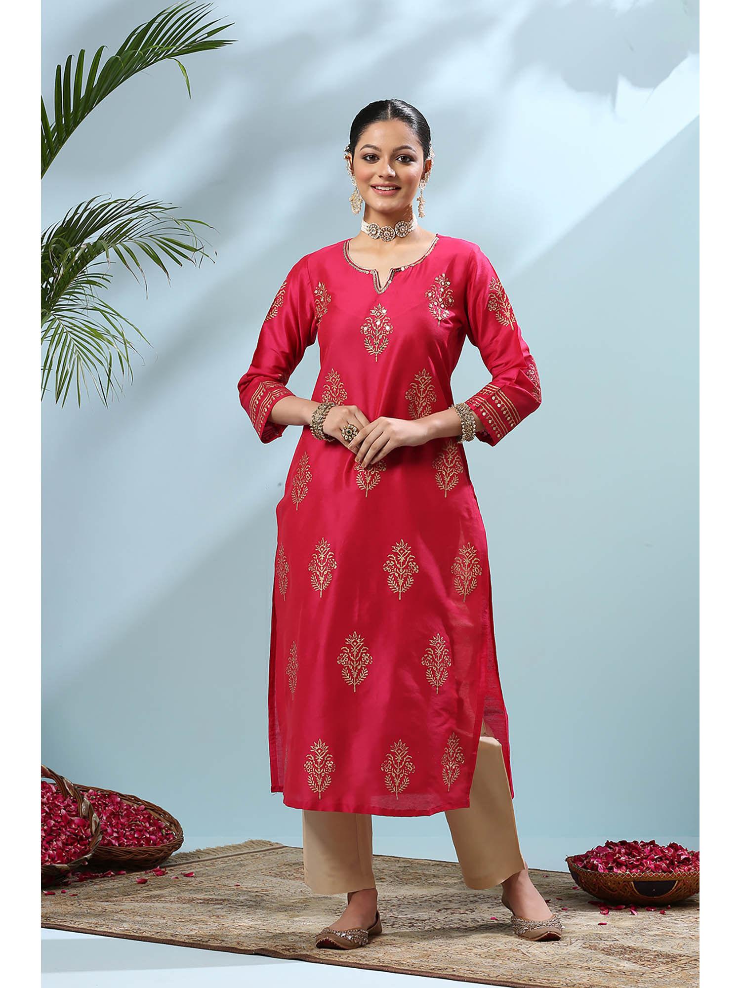 fusia pink khari printed cotton silk kurta