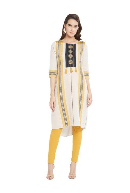 fusion beats beige & yellow embroidered a line kurti
