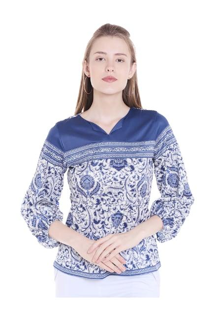 fusion beats blue & white printed top