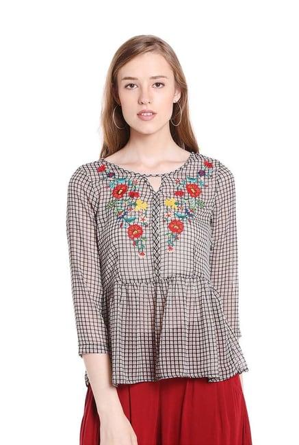 fusion beats brown embroidered peplum top