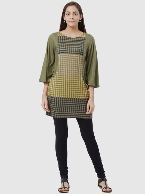 fusion beats olive green & yellow chequered tunic