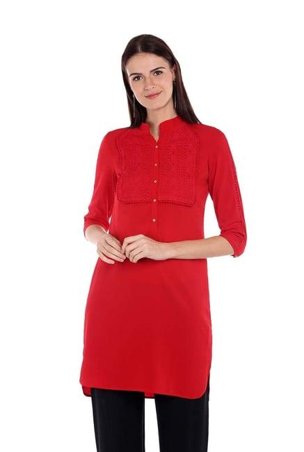 fusion beats red embroidered kurti