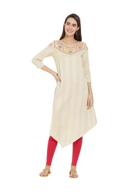 fusion beats beige embroidered a line kurti