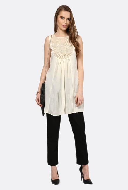 fusion beats beige self printed sleeveless tunic