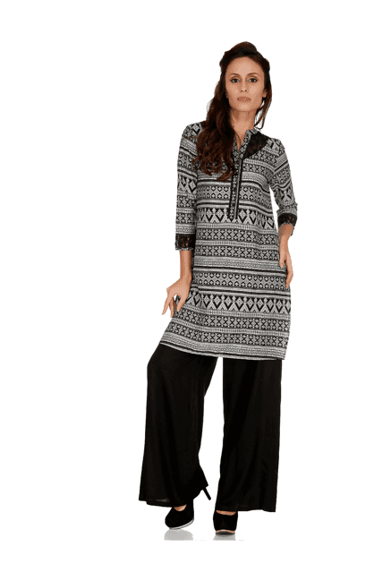 fusion beats black & white printed polyester kurti