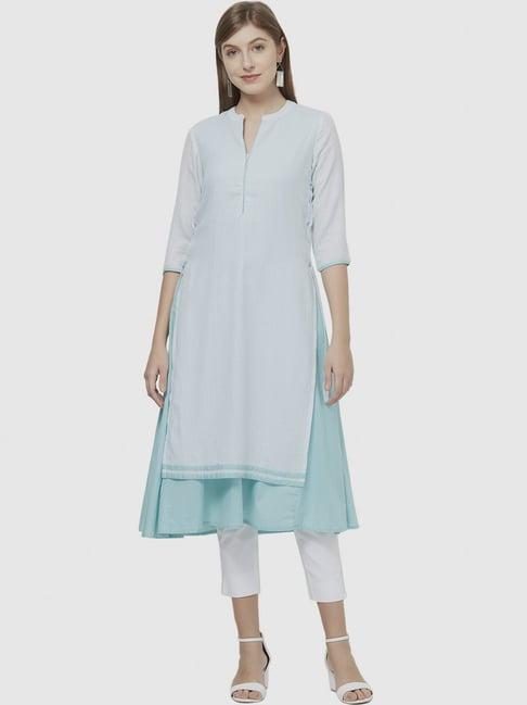 fusion beats blue chequered a line double layered kurti