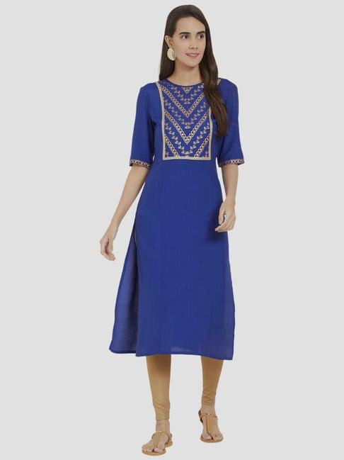 fusion beats blue printed straight kurta