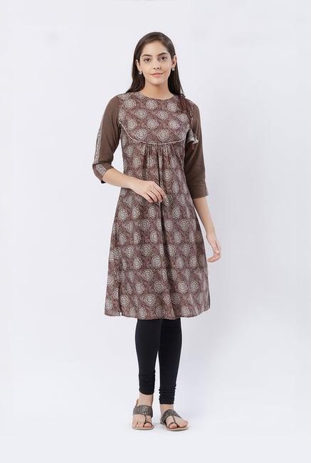 fusion beats brown floral print kurta