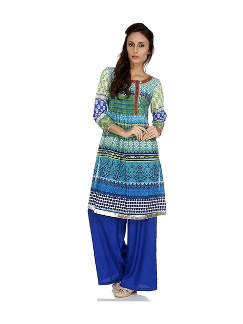 fusion beats green & blue printed kurta