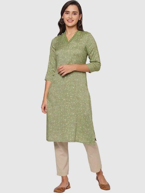 fusion beats green printed straight kurta