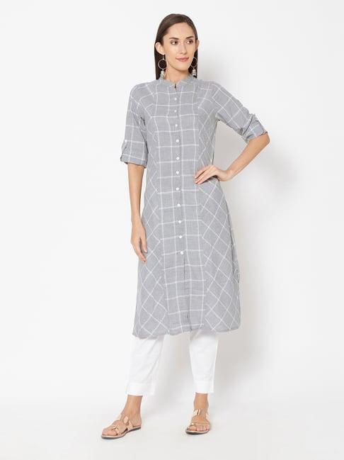 fusion beats grey check kurta