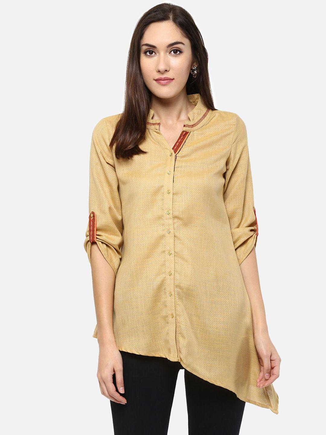 fusion beats mandarin collar roll-up sleeves shirt style top