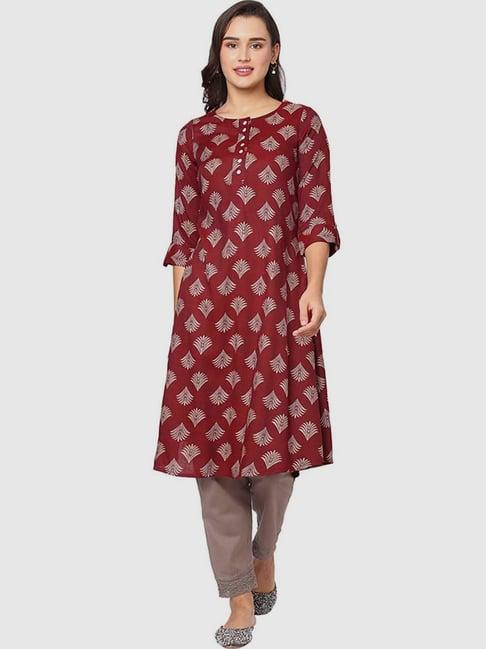 fusion beats maroon printed a line kurta