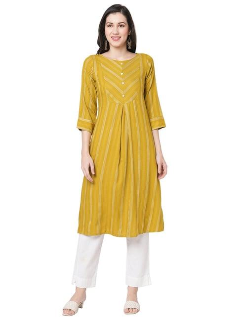 fusion beats mustard a line printed kurta