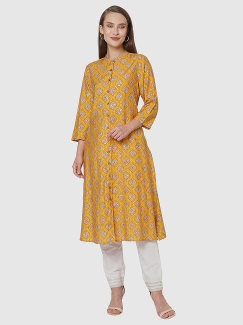 fusion beats mustard printed a line kurta