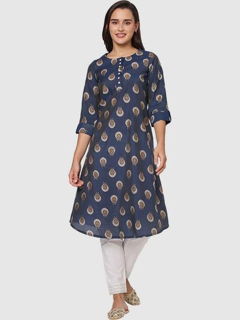 fusion beats navy printed a line kurta