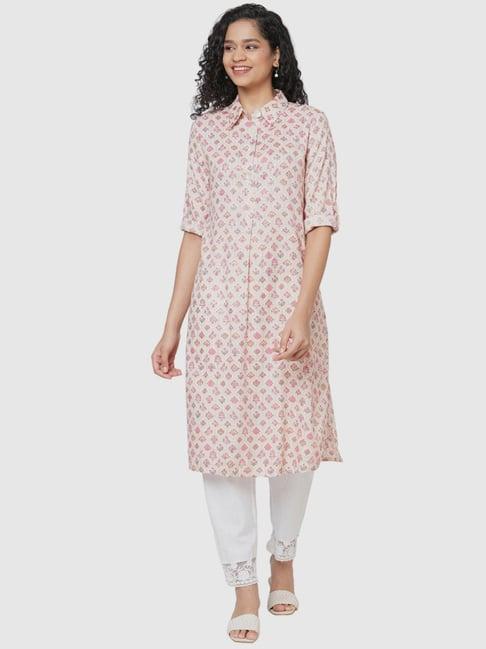 fusion beats off-white & pink floral print straight kurta