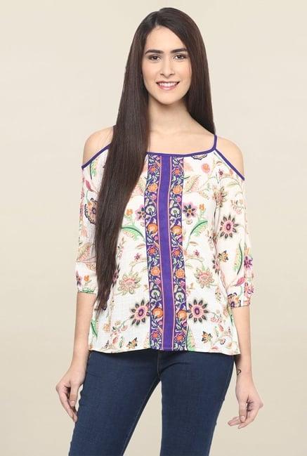 fusion beats off white & purple floral print top