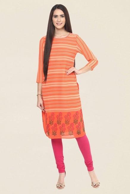 fusion beats orange striped kurta