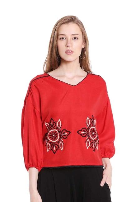 fusion beats red embroidered top