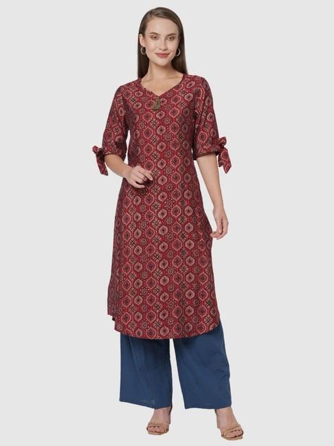 fusion beats red printed a line kurta