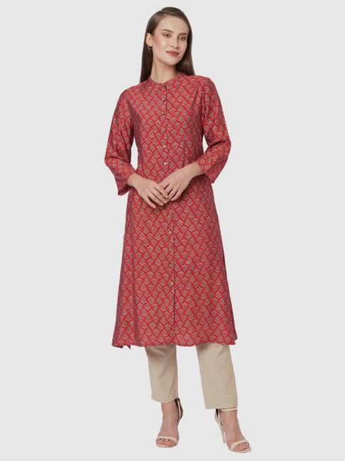 fusion beats red printed a line kurta