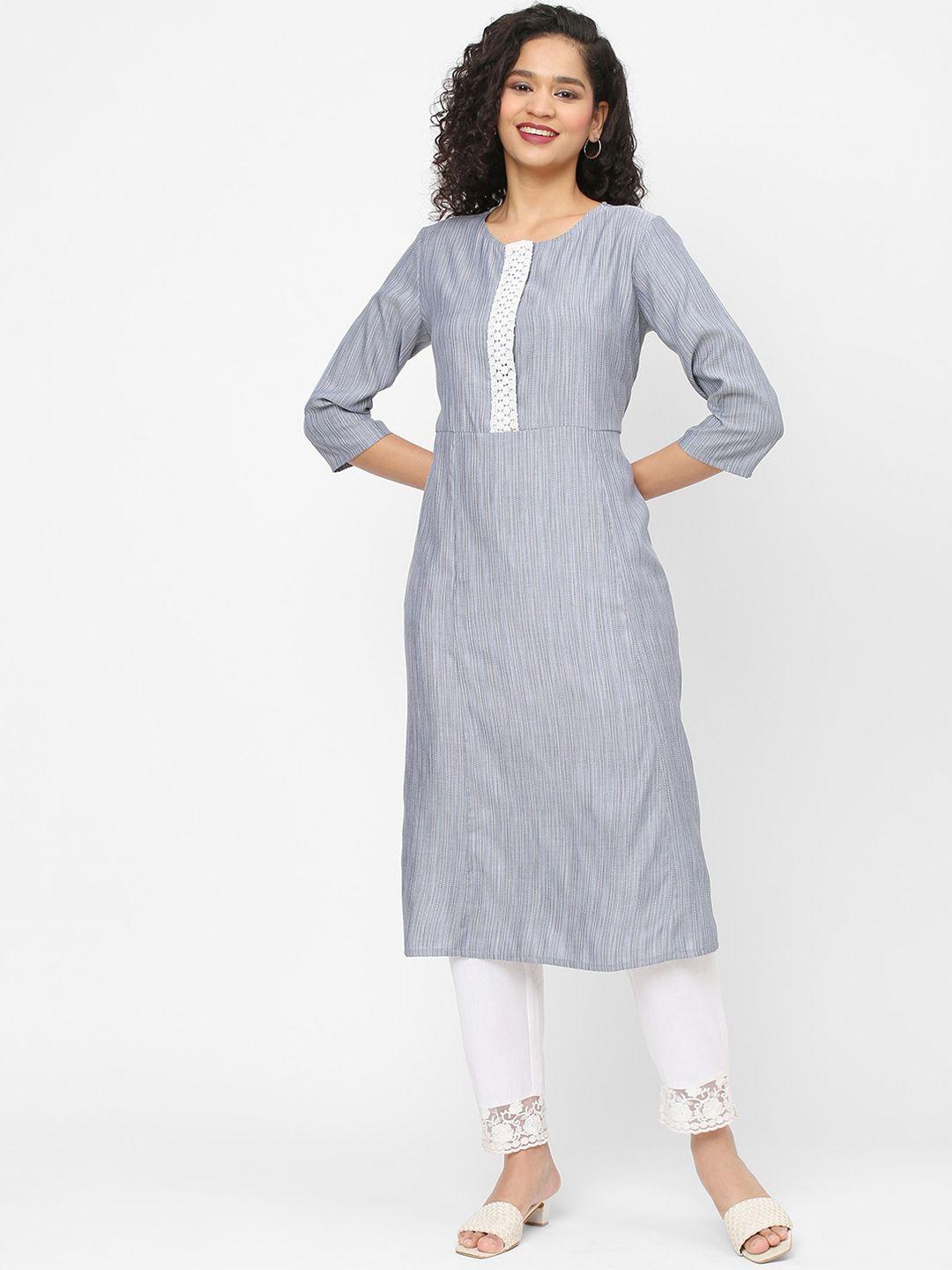 fusion beats striped lace inserted panelled a-line kurta