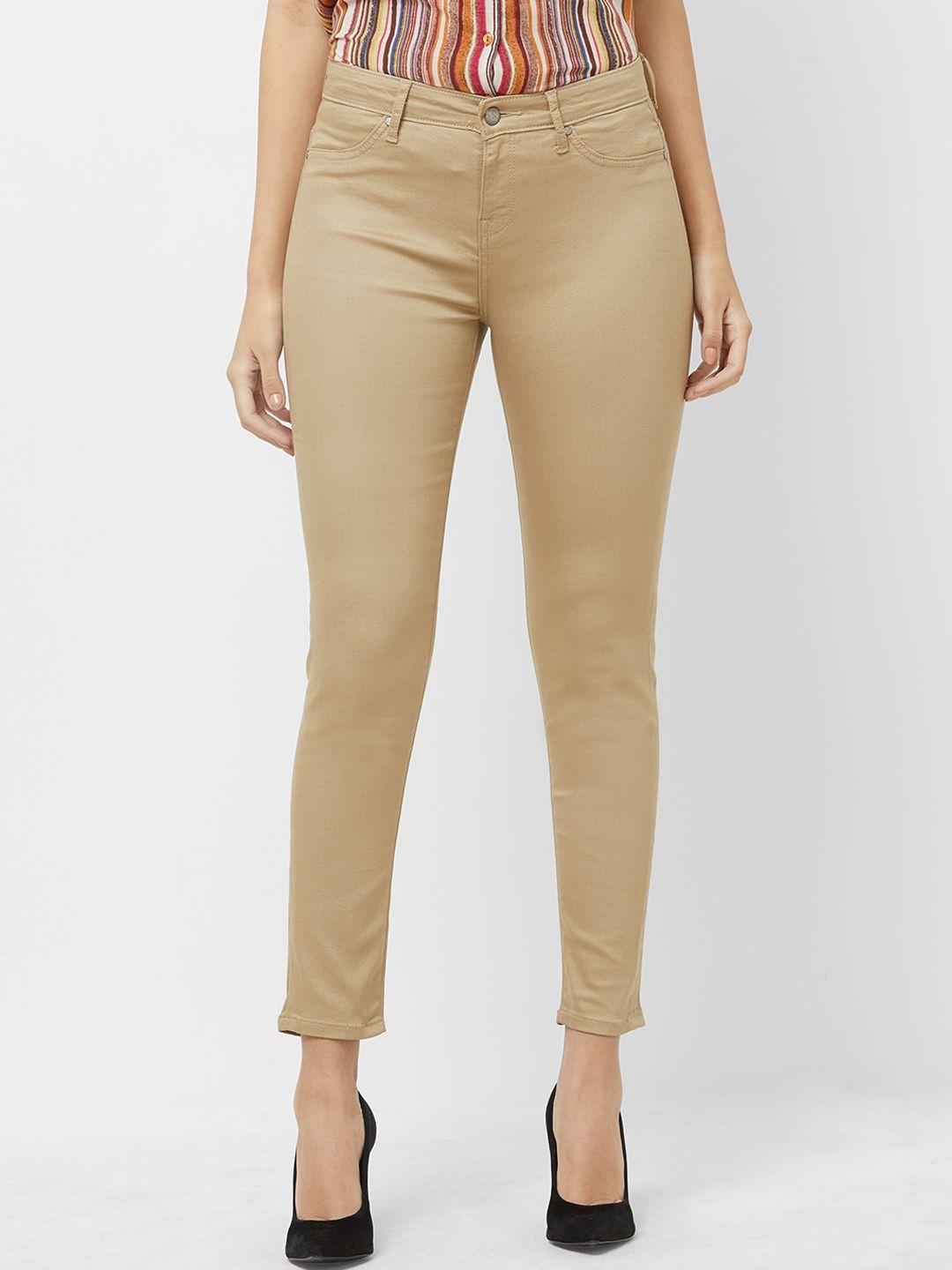 fusion beats women beige regular fit solid regular trousers