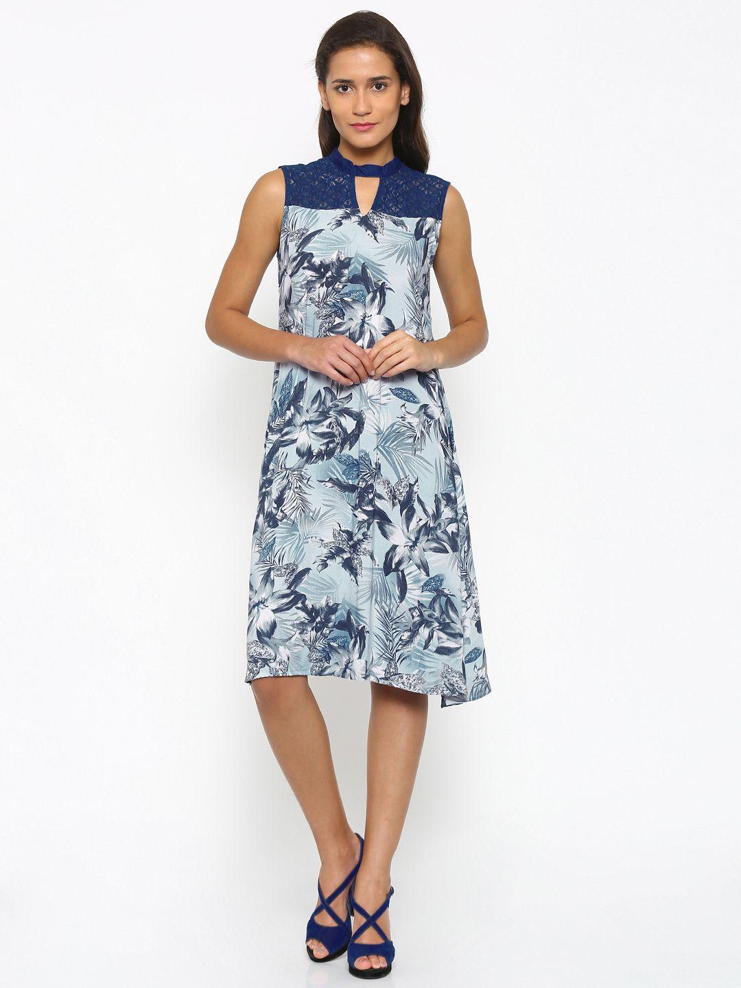 fusion beats women blue floral print a-line dress