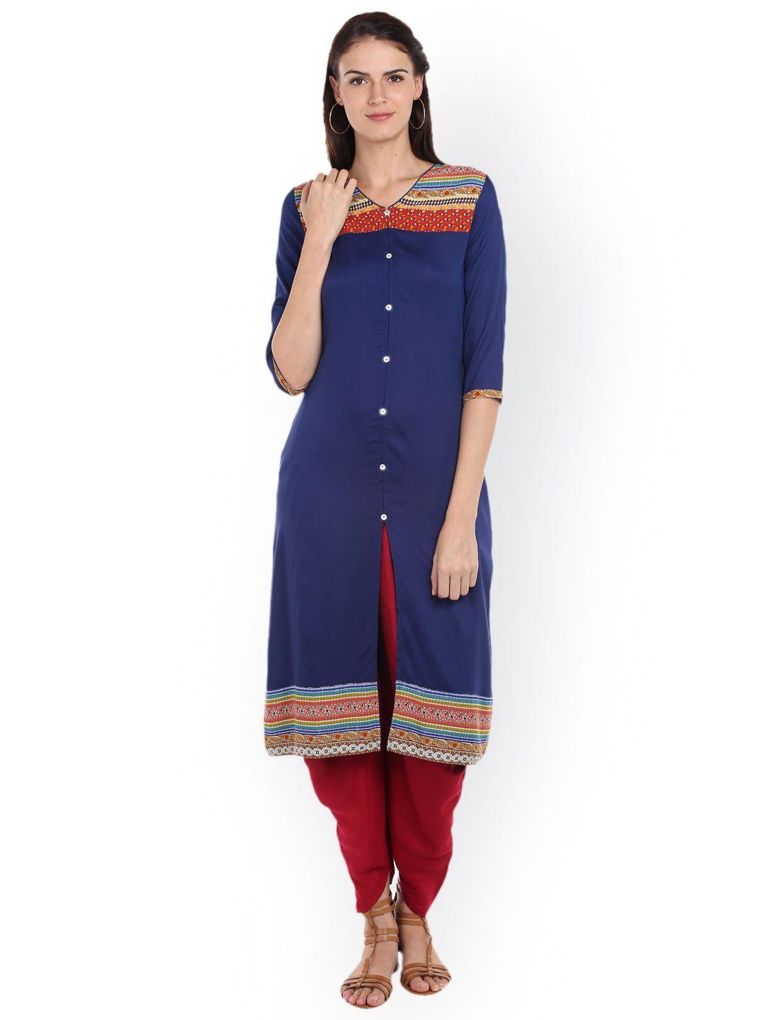 fusion beats women blue printed straight kurta