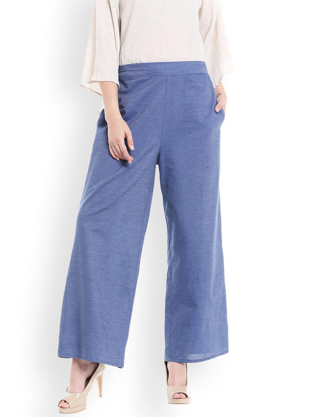 fusion beats women blue regular fit solid trousers