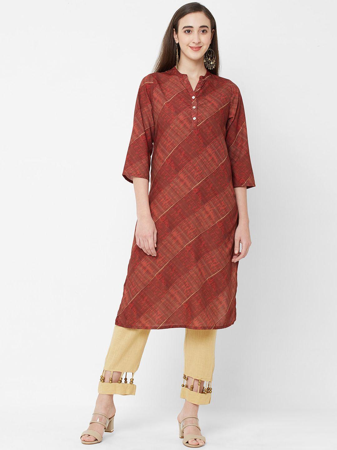 fusion beats women brown geometric printed kurta