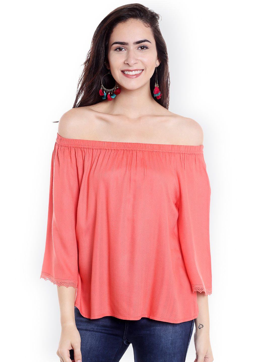 fusion beats women coral pink solid bardot top