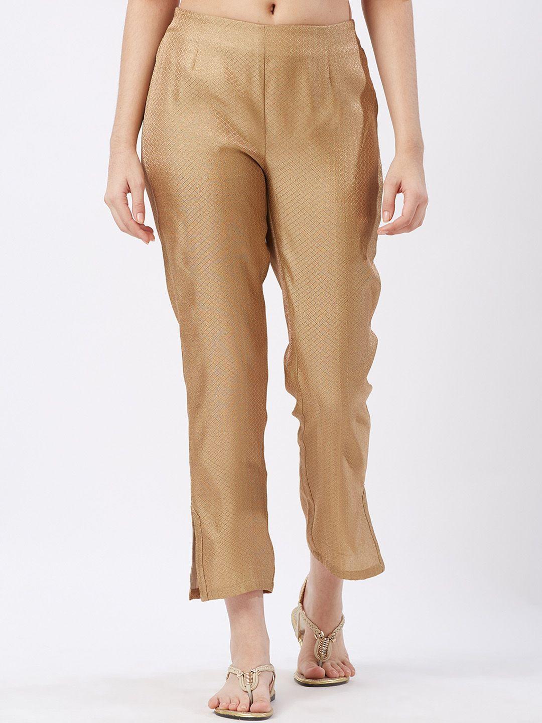 fusion beats women golden-coloured straight fit self design regular trousers