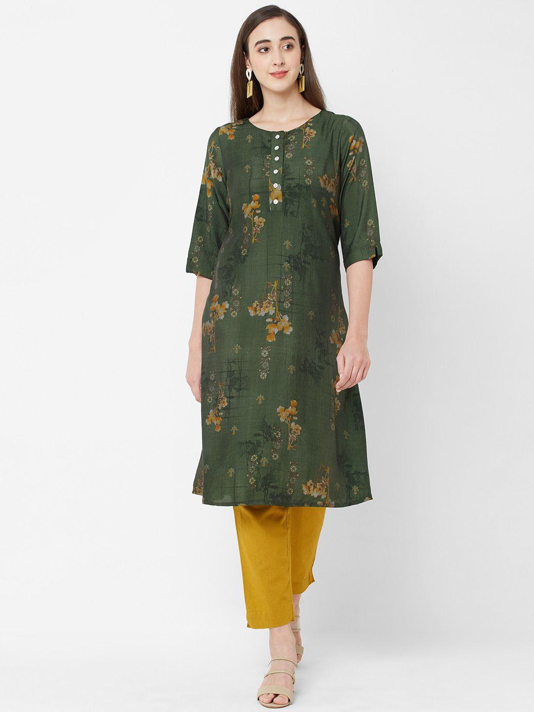 fusion beats women green floral printed thread work kurta