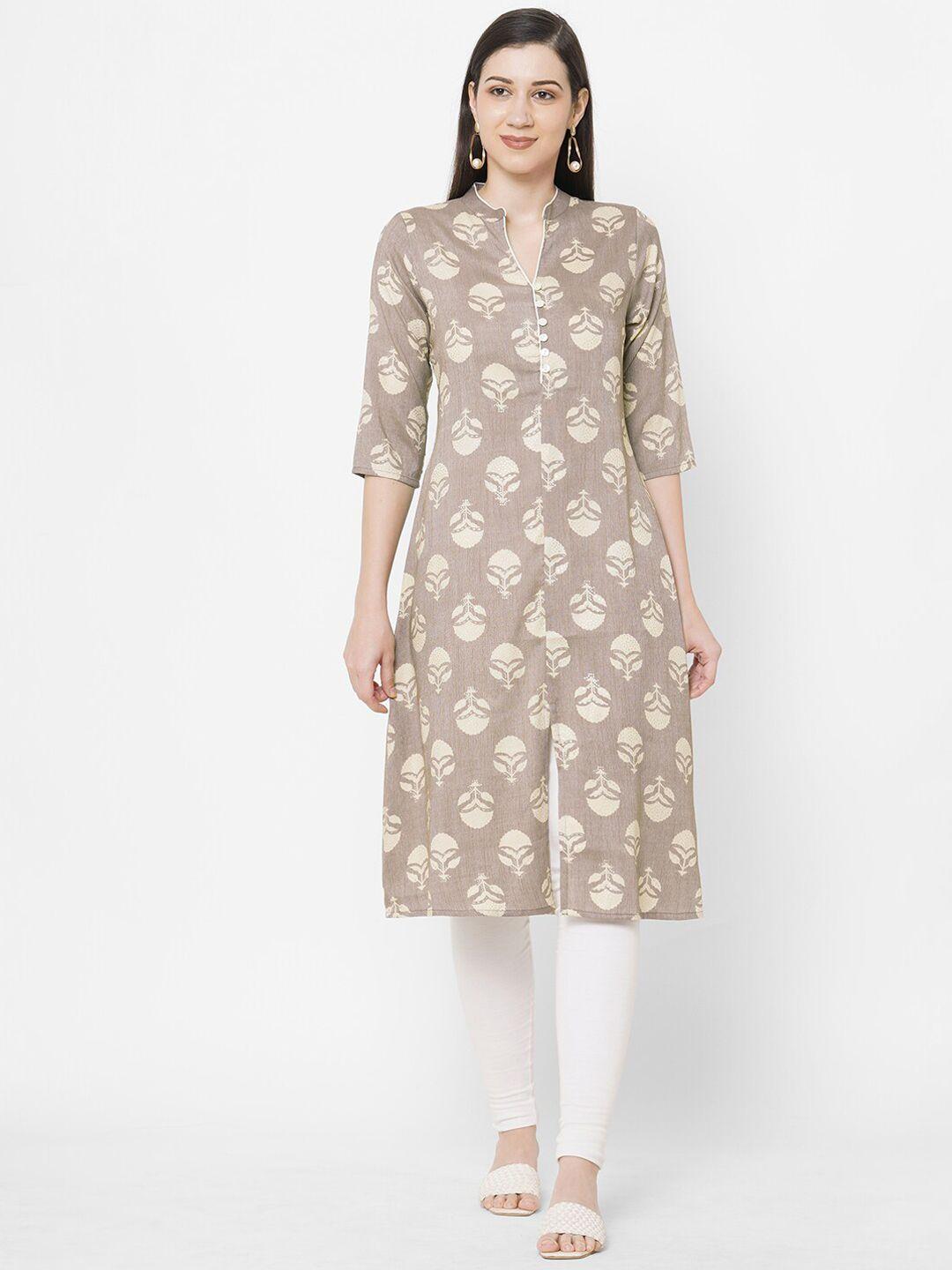 fusion beats women grey & cream-coloured ethnic motifs printed kurta