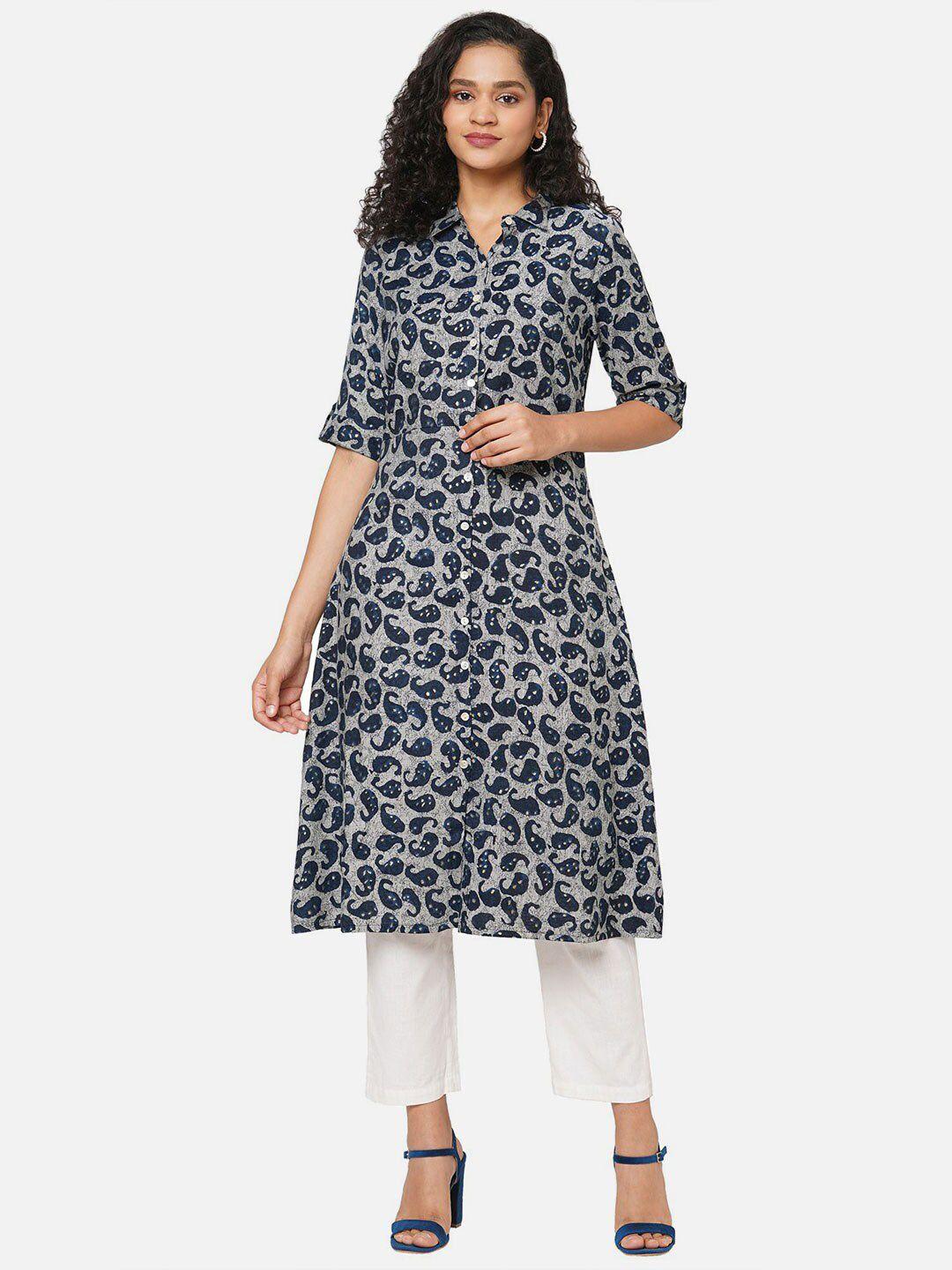 fusion beats women grey & navy blue paisley printed kurta