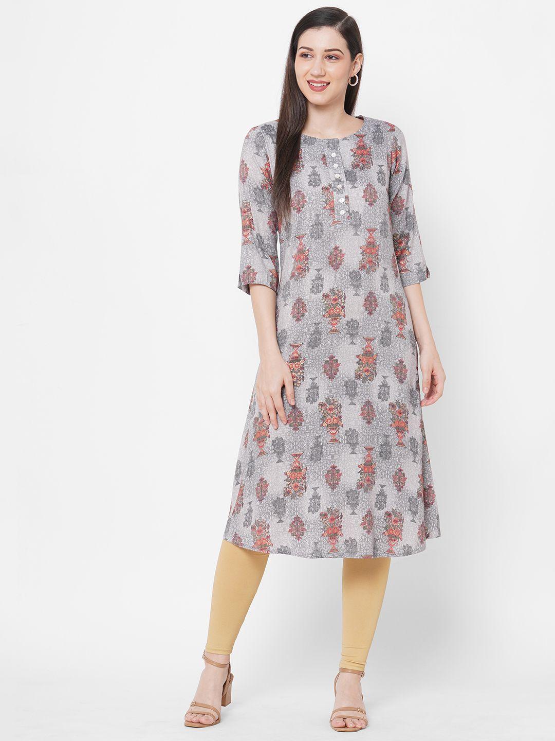 fusion beats women grey & orange ethnic motifs printed kurta