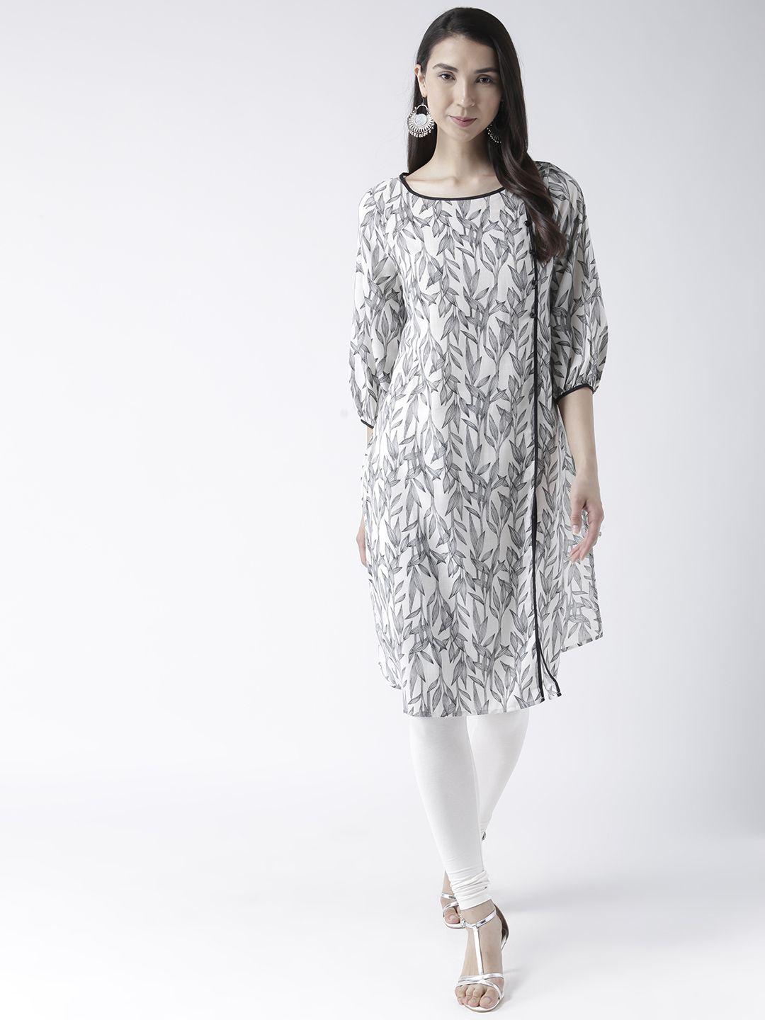 fusion beats women off white & black floral printed floral kurta