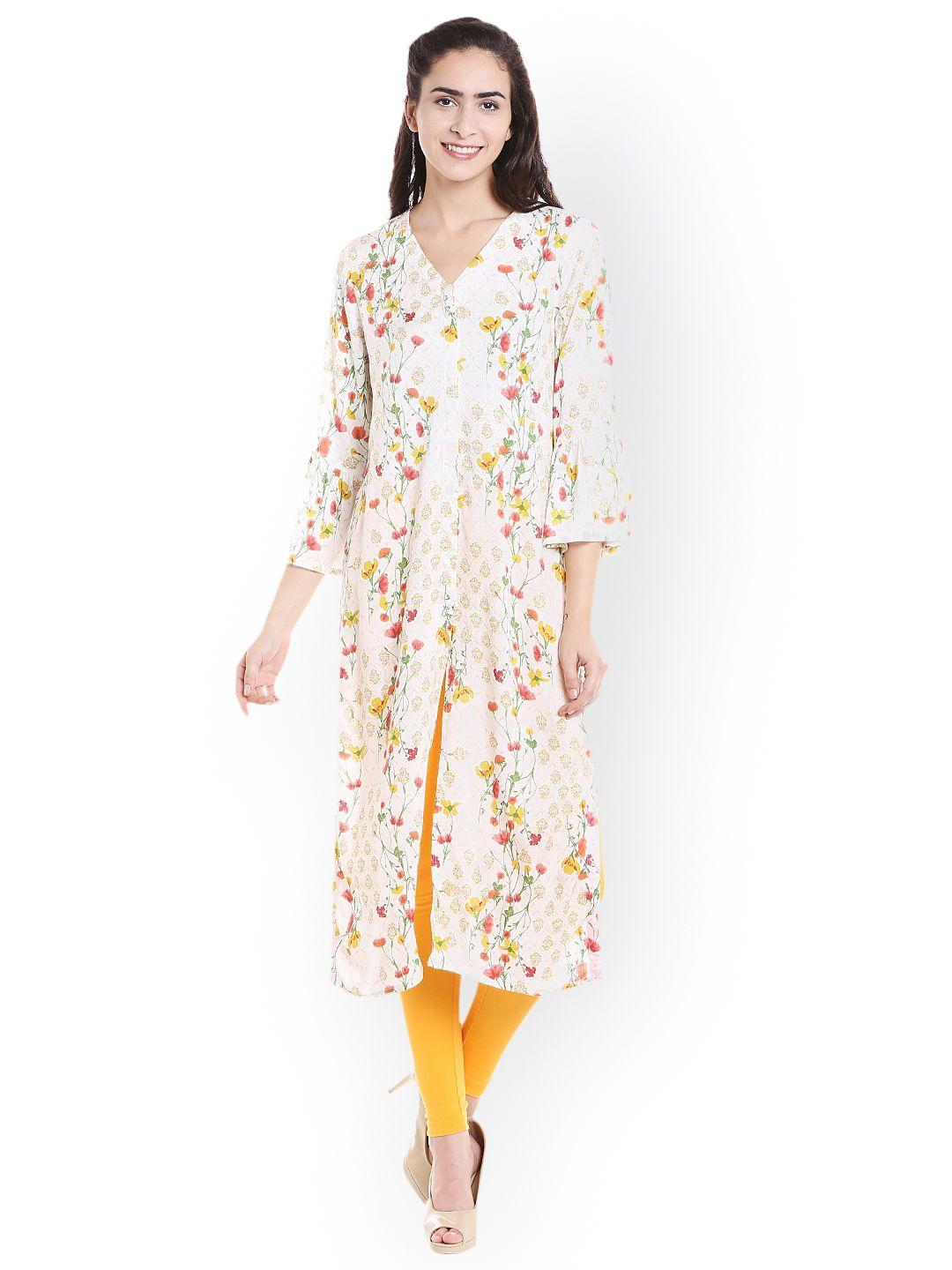 fusion beats women off-white printed a-line kurta