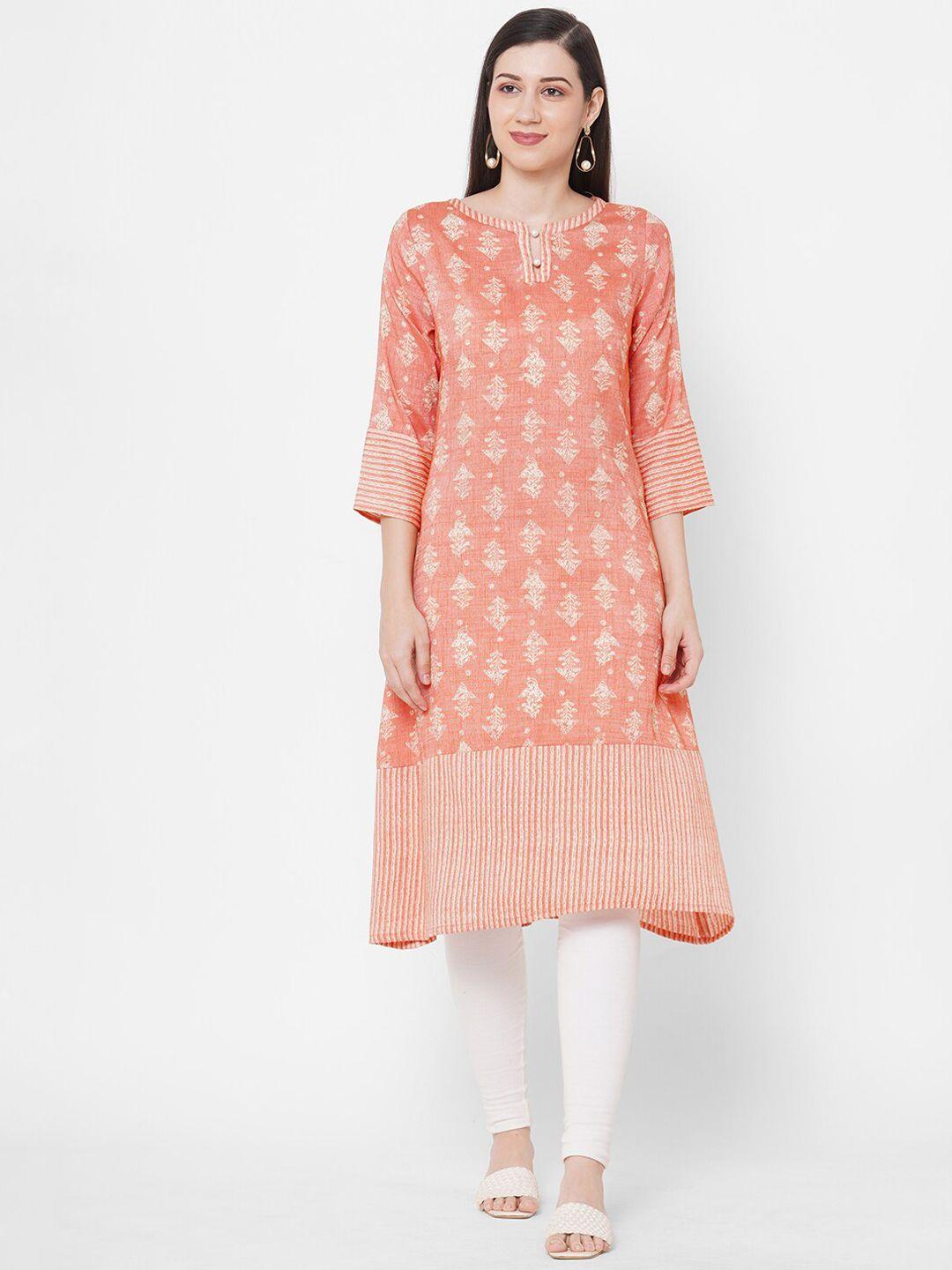 fusion beats women peach-coloured & cream-coloured ethnic motifs printed kurta